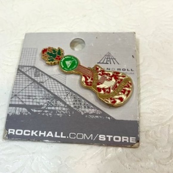 VTG Gold Toned Guitar Rock And Roll Hall Of Fame Museum Christmas Enamel Pin 2.5 - Picture 1 of 10